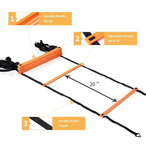 YISSVIC Agility Ladder and Cones 20 Feet 12 Adjustable Rungs Fitness Speed Training Equipment,1 Carry Bags, 10 Cones, 4 Stakes, Basketball, Soccer