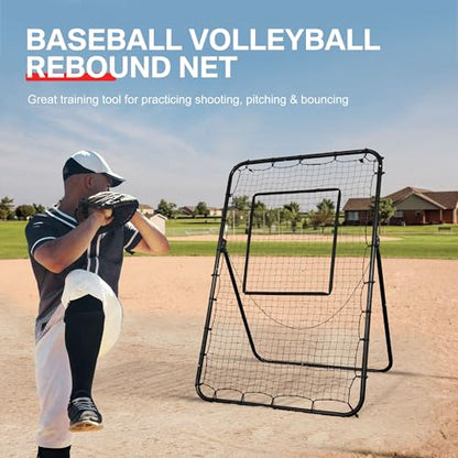 6 x 4 ft 5 Angles Adjustable Pitch Back Baseball Softball Lacrosse Volleyball Rebound Bounce Back Net with Strike Zone - color: Black