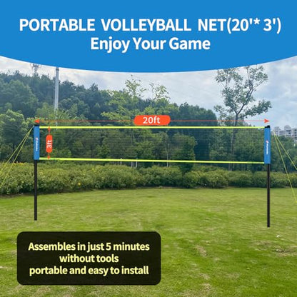 20FT Outdoor Volleyball Net Set System for Backyard Beach with Anti-Sagging Net, Iron Adjustable Height Poles, Soft PU Volleyball and Pump, Carry Bag - Instant Set Up & Durable - color: Blue and Green