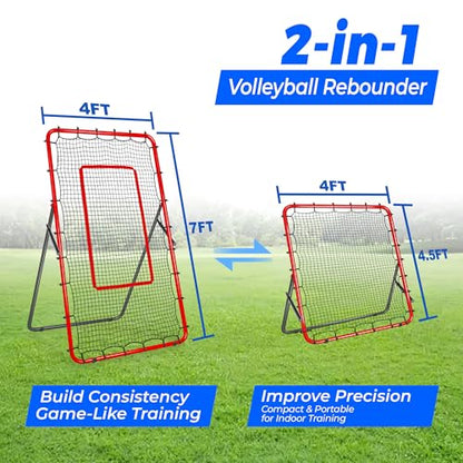 2-in-1 Volleyball Rebounder Net, Adjustable 7×4 ft to 4.5×4 ft Bounce Back Training Rebound Equipment with Angle Customization for Volleying, Bumping, Spiking Practice - color: Red