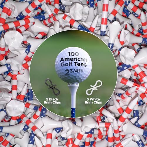 2 3/4" 100 American Golf Tees Plastic | 5 Black & 5 White Brim Clips for Plastic Tees | Simulator Tee | Driving Range Tee | Designed for Less Friction & Longer Drives | Stars & Stripes USA