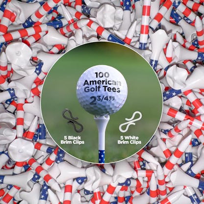 2 3/4" 100 American Golf Tees Plastic | 5 Black & 5 White Brim Clips for Plastic Tees | Simulator Tee | Driving Range Tee | Designed for Less Friction & Longer Drives | Stars & Stripes USA