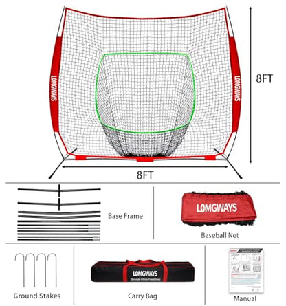 7x7ft/8x8ft Baseball Softball Net with Steel Frame for Batting, Hitting, Pitching, Portable Baseball Batting Net with Carry Bag, Great for All Levels - size: 8FT Red