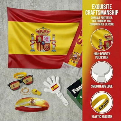 Soccer Fan Gear Set 2026-7 Piece Game Day Kit with Flag, Scarf, Glasses, Whistle, Clapper, Wristband & Headband in Gift Box - Watch Party & Stadium Essentials for Spain - color: Spain