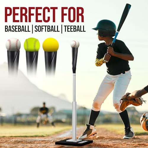 Batting Tee for Baseball/Softball, Premium Hitting Tee with Handrolled Rubber Top,Aluminum Stem,Metal Base,Easy Setup Baseball Tee Height Adjustable 24-46 inch for Kids and Adults