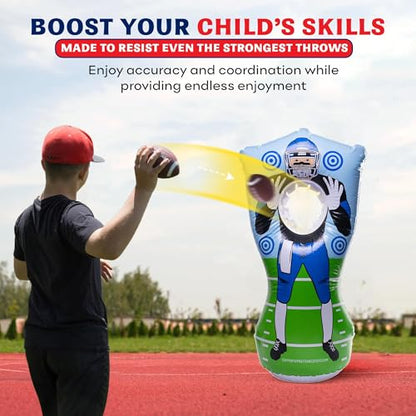 Preferred Toys 65” Inflatable Football Target Net Toss Game - Double-Sided Throwing Practice Football Stuff with Mini Balls - Backyard Tailgate Party Sports Toy for Kids & Adults - color: Red/Blue