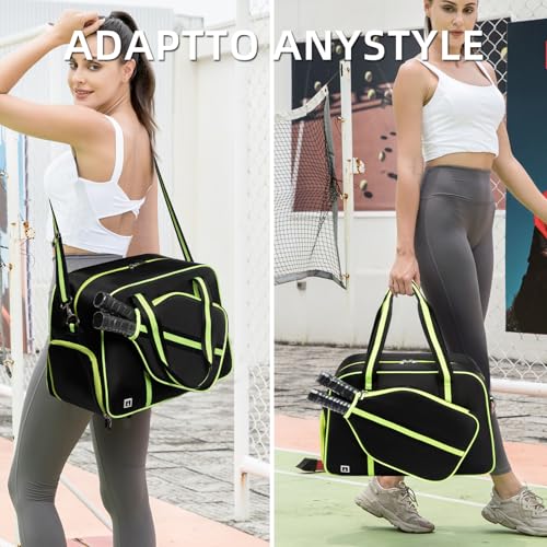 ROYALFAIR Pickleball Tote Bag for Women Men Large Capacity with Paddle Cover Pocket Internal Shoe Pocket and Adjustable Shoulder strap - color: black-green