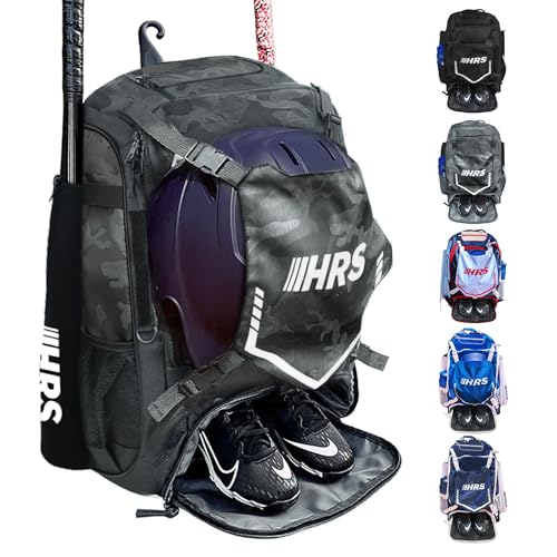 Hit Run Steal Bat Bag Backpack, Holds 4 Bats, Gloves, Helmet, and Cleats, Gray Camo