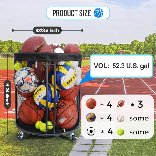 Ball Storage Bin for Garage, Balls Holder for Soccer, Basketball, Ball Cart, Rolling Basketball Rack for Outdoor, Indoor