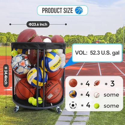 Ball Storage Bin for Garage, Balls Holder for Soccer, Basketball, Ball Cart, Rolling Basketball Rack for Outdoor, Indoor