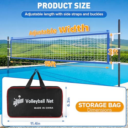 15x3FT Pool Volleyball Net for Inground Pools with 6 Metal Buckle Webbing Straps, 2026 Newly Upgraded Volley Ball Net for Outdoor Pool, Summer Pool Floaties Party Gift for Adults and Family(Net Only)