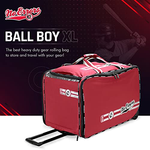 No Errors Ball Boy XL Wheeled Baseball Coaches Bag - Heavy Duty Baseball and Softball Bag for Coaches - Holds Two 6 Gallon Ball Buckets and Coaching Equipment - color: Red