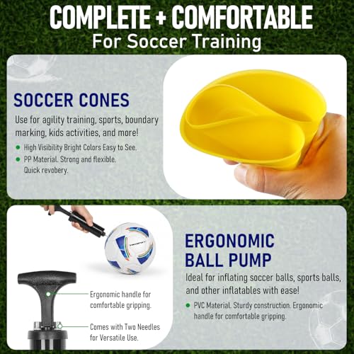 VAVOSPORT Soccer Ball Set – Official Size 3, 4, 5 Soccer Balls with Pump & 6 Cones, Waterproof TPU Leather Soccer Training Equipment for Kids, Youth & Adults, Gifts for Sports Play and Outdoor Games - size: Size 5