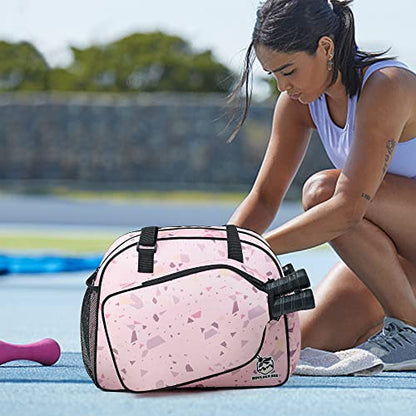 Boulder Bee Pickleball Bags, Premium Pickleball Tote Bag for Girls, Women’s Hand/Shoulder Gym Bag w Water Bottle Holder, with Pickleball Racquet/Paddle Holder - color: Pink Triangles