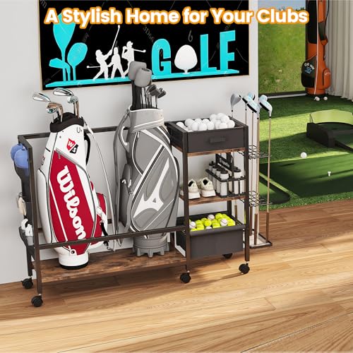Golf Bag Storage Organizer for Garage, Golf Organizer with Extra Golf Rack and Side Fabric Bag for 20 Golf Clubs & Golf Essentials, Golf Bag Stand for Golf Bag Accessories, Ideal Golf Gifts for Men
