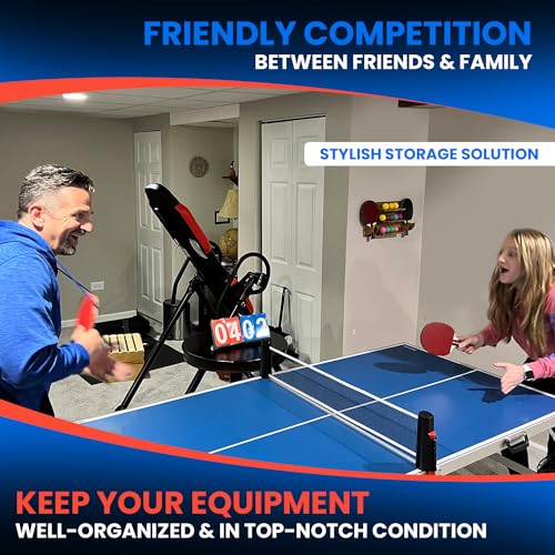 Ping Pong Paddle Holder Wall Mount Storage Rack - Table Tennis Racket Display Accessories Organizer - Holds 6 Paddles and 12 Balls - with Flip Scoreboard