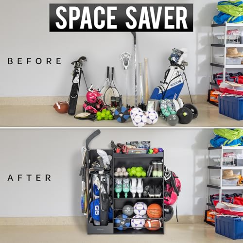 GoSports Premium Wooden Sports Equipment Organizer with Storage Hooks - Golf Bag Rack and Multi-Sport Ball Bin for Garage