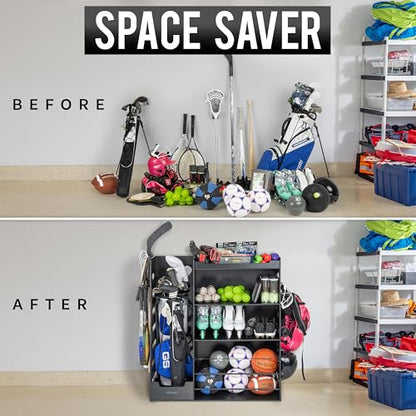 GoSports Premium Wooden Sports Equipment Organizer with Storage Hooks - Golf Bag Rack and Multi-Sport Ball Bin for Garage