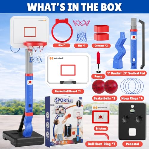 Toddler Basketball Hoop with Ring Toss, Height Adjustable Indoor & Poolside Outdoor Kids Basketball Hoop Set with Mini Balls, Rings, Pump, & Stable Base Game Sport Toys for Boys & Girls Age 1-5