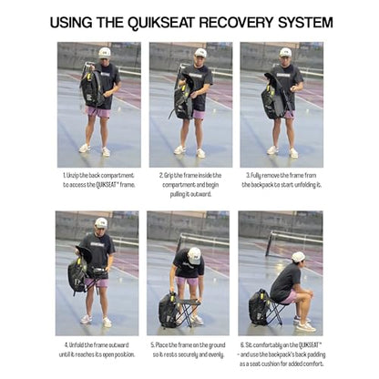 Courtside Pickleball Backpack with Built-In Folding Chair (Up to 300 lbs) | QuikSeat Recovery System | Fits 2+ Paddles, Shoes, Water Bottle Pockets & Safety Compartments for Men & Women