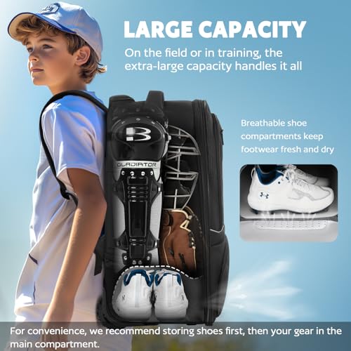 AUROTIER Rolling Baseball Backpack with Off-road Wheels, Wheeled Catchers Gear Bag for Baseball Equipment, 4 Bats, Large Softball Bag for TBall, Helmet & Accessories with Fence Hook - color: Black