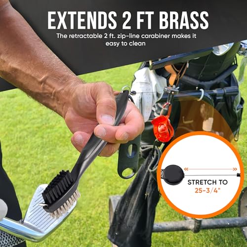 Golf Club Cleaning Brush and Groove Cleaner with Retractable Clip, Extends 2 ft Brass, Ergonomic Design, Easily Attaches to Golf Bag(Black)