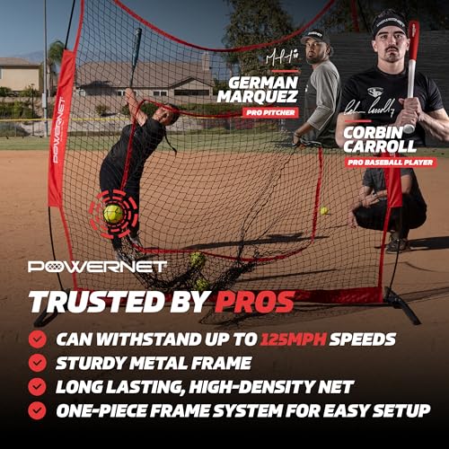 PowerNet Pro One Piece Softball Baseball Net, Portable Baseball Training Equipment, Hitting, Throwing & Pitching Net with Carrying Bag