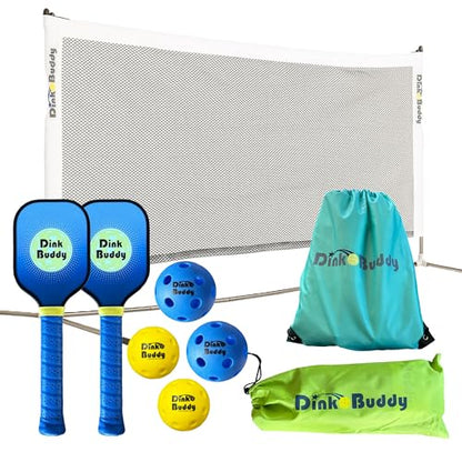 3-in-1 (with 1 Mini 6’ Wide Pickleball Net) & 2-in-1 Pickleball Trainer Options, Sports Gifts with 4 Kelso Balls (2 Trainer + 2 Standard), 2 PickleDojo Paddles, & 1 Drawstring Backpack - size: 3-in-1