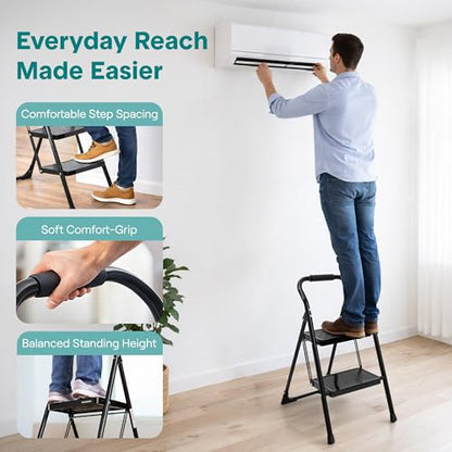 SereneLife 2-Step Ladder, Folding Step Stool for Adults, Wide Anti-Slip Pedal and Handrail, Sturdy Steel Build, 570 lbs Capacity, Portable Step Stool Ladder for Home and Office Use (Black) - size: 2 Step