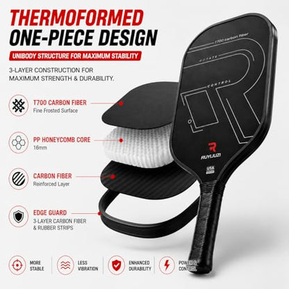 Pickleball Paddle, T700 Carbon Fiber Paddle with Textured Matte Surface, 16mm Polypropylene Honeycomb Core, Thermoformed for Spin & Control