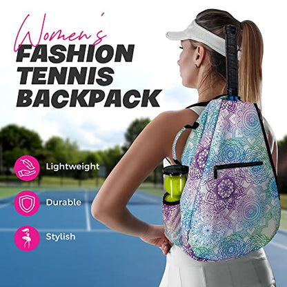 Womens Tennis Backpack - Taboo Fashions Ladies Tennis Bag Holds Two Racquets, Padded Straps and Side Carry Handle - color: White, Purple, Blue, Green