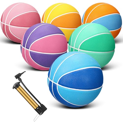 Jenaai 6 Pcs Rubber Basketballs Official Size Bulk Streetballs Multicolor Basket Balls with Pump Plain Basketball Set for Adult Youth Gifts Indoor Outdoor Training Games - size: Size 6, style: Splicing Color
