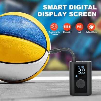 Electric Ball Pump with LCD Pressure Gauge and LED Work Light - 0 to 15 PSI Rechargeable Portable Inflator for Basketball Soccer Volleyball and Baseball - Integrated Needle Storage