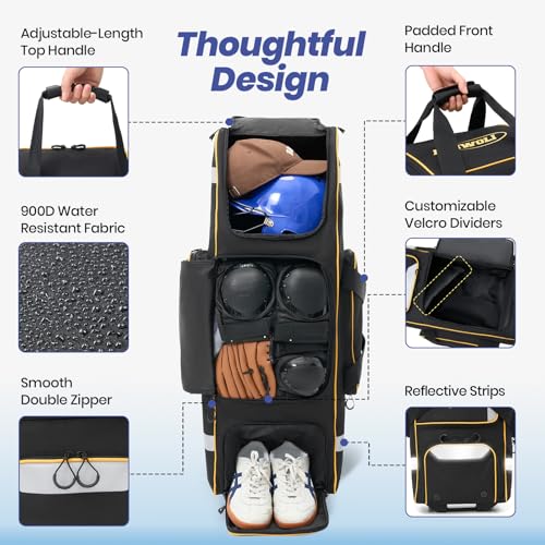 81L Rolling Baseball Bag with Wheels, Softball Catchers Gear Bags for 4 Bats (Fits Up To 34"), Separate Shoe Compartment, Safety Reflective Strip, Fence Hook, Foldable T-Bag for Youth & Adult - color: Black