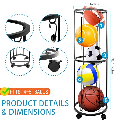 Garage Ball Storage Rack, Wall-Mounted Basketball Holder, Vertical Ball Rack for Soccer Volleyball Football Basketball, Space-Saving Sports Ball Storage Organizer for Garage & Home - size: 2 layer with Wheels