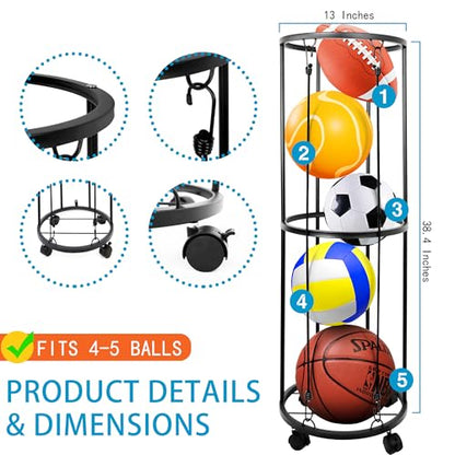 Garage Ball Storage Rack, Wall-Mounted Basketball Holder, Vertical Ball Rack for Soccer Volleyball Football Basketball, Space-Saving Sports Ball Storage Organizer for Garage & Home - size: 2 layer with Wheels