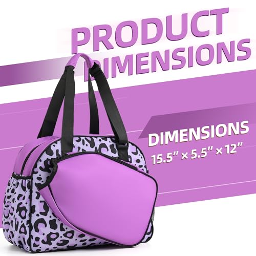Boulder Bee Pickleball Bags, Premium Pickleball Tote Bag for Girls, Women’s Hand/Shoulder Gym Bag w Water Bottle Holder, with Pickleball Racquet/Paddle Holder - color: Leopard print-purple