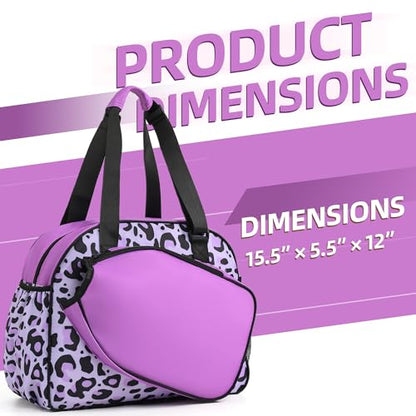 Boulder Bee Pickleball Bags, Premium Pickleball Tote Bag for Girls, Women’s Hand/Shoulder Gym Bag w Water Bottle Holder, with Pickleball Racquet/Paddle Holder - color: Leopard print-purple
