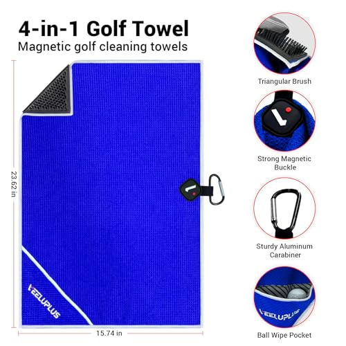 4-in-1 Magnetic Golf Towel with Brush & Cleaning Pocket -Premium Construction Golf Towel- Super Strong Golf Club Cleaner- Microfiber Waffle Design-15.7" X 23.6" Golf Accessories and Gifts for Men - color: Blue