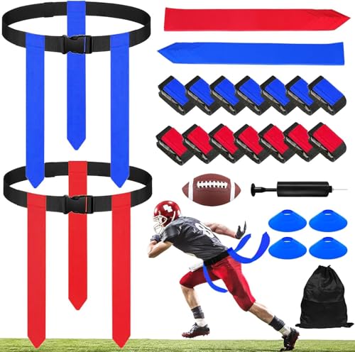 Haootadiy Flag Football Belts Set, 14 Player Adjustable Flags with 42 Flags.Training Cones, Football for Kids Youth Adults.