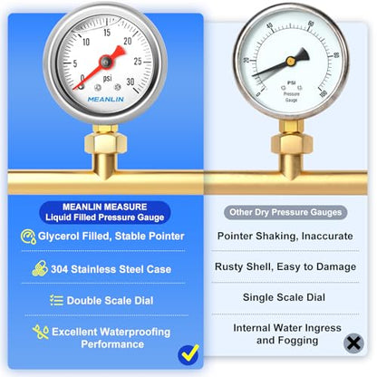 0~30Psi Stainless Steel 1/8" NPT 1.5" FACE DIAL, Glycerin Filled Pressure Gauge, Liquid Filled, Water Oil Air, Lower Mount, with 1/4" NPT and 3/8" NPT Hex Bushing - size: 0-30Psi