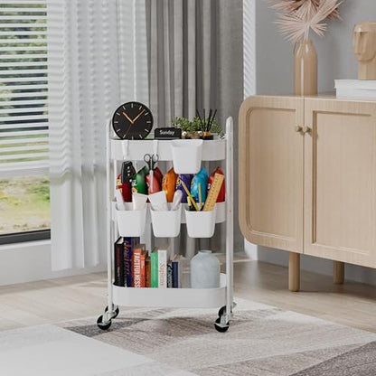 3-Tier Metal Rolling Cart with Wheels, Storage Utility Organizer Cart for Kitchen, Bathroom, Office, Baby Essentials & Makeup - Lockable Casters, Easy Assembly, Large Capacity, White