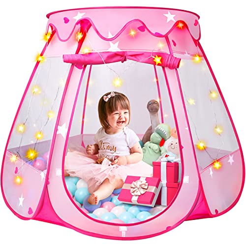 Princess Tent Girls Kids Playhouse Pop Up Play Tent with Star Light Tent for Kids Ball Pit Toys for 1,2,3 Years Girl Birthday Gift for Indoor Outdoor Toddler Girl Gift, Easy to Pop Up and Assemble - style: Tent with star lights