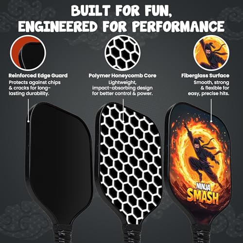 Kids Pickleball Paddle Designed for Ages 3–12 | Lightweight Fiberglass (0.37 lbs) | Small Grip for Easy Control | Fun Beginner Gift for Girls, Toddlers & Youth - color: Ninja