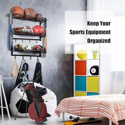 Garage Sports Equipment Organizer Wall Mount - 3 Shelves Ball Rack Organizer and 4 S-Hooks for Easy Installation and Storage of Balls in Garages or Gyms Matte Black