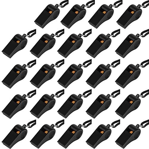 Fya Plastic Whistle with Lanyard, Loud Clear Black Whistles Bulk Great for Coaches, Referees, and Officials - color: 24PCS