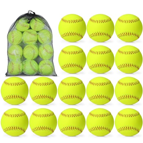 Lewtemi 18 Pack Yellow Sports Practice Softballs Official Size and Weight Slowpitch Softball with 1 Mesh Bag Unmarked Leather Covered Youth Fastpitch Softball Ball for Games Practice Training - color: Red, size: 11"