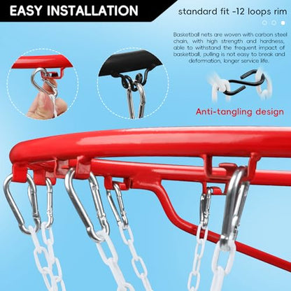 Basketball Net Heavy Duty Replacement,Carbon Steel Chain Basketball net, Anti-Rust Use Indoor Outdoor Standard 12 Loops Hoop - color: White