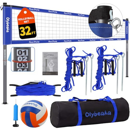 32ft Outdoor Portable Volleyball Net Set for Backyard Beach with Adjustable Heavy Duty Poles, 28-ply Durable Net, PU Volleyball & Pump, Carry Bag (Blue, 32ft)
