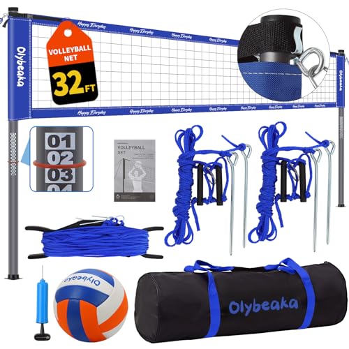 32ft Outdoor Portable Volleyball Net Set for Backyard Beach with Adjustable Heavy Duty Poles, 28-ply Durable Net, PU Volleyball & Pump, Carry Bag (Blue, 32ft)